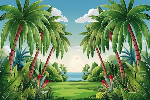 a painting of a landscape with palm trees and a bird flying in the sky