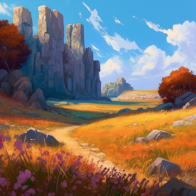 Painting of a landscape with a path through a field of flowers generative ai