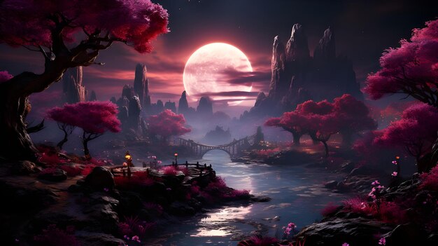 a painting of a landscape with a pink moon and a city in the background