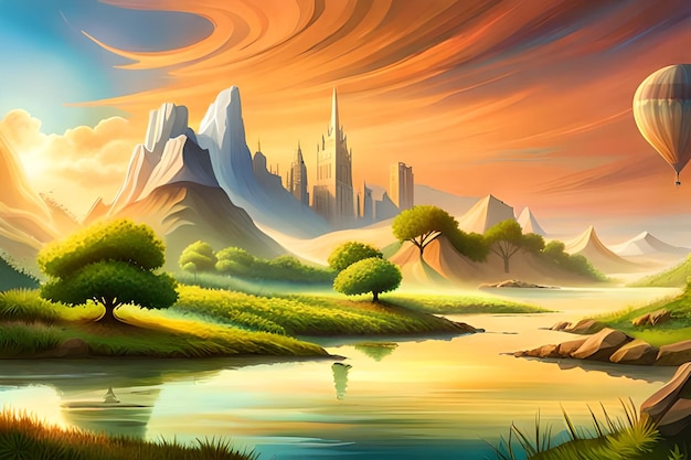 A painting of a landscape with a river and a city in the background.