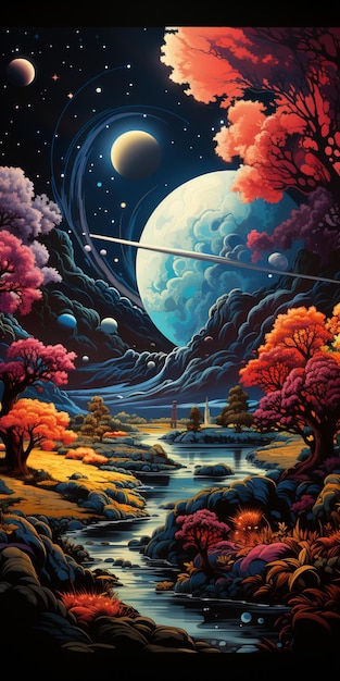 Painting of a landscape with a river and planets in the sky generative ai