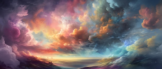 A painting of a landscape with a sky and clouds