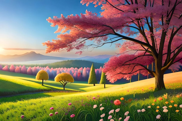 A painting of a landscape with a tree and flowers.