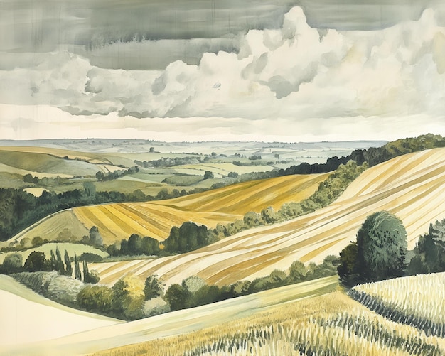 A painting of a landscape with trees and fields