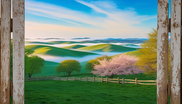 a painting of a landscape with trees and hills in the background