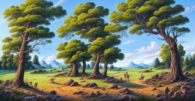 A painting of a landscape with trees and mountains in the background.