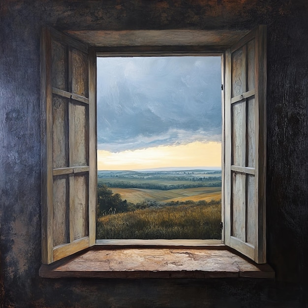 a painting of a landscape with a view of the countryside