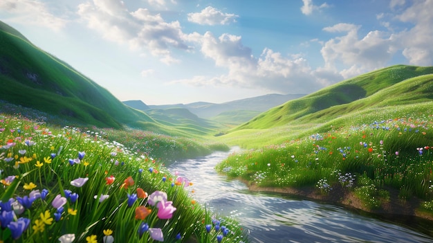 a painting of a landscape with wildflowers and a river