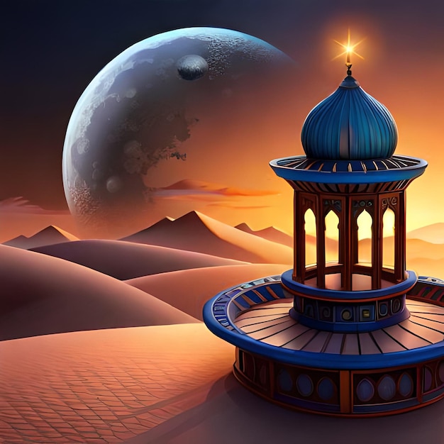 A painting of a lantern in the desert with a moon in the background