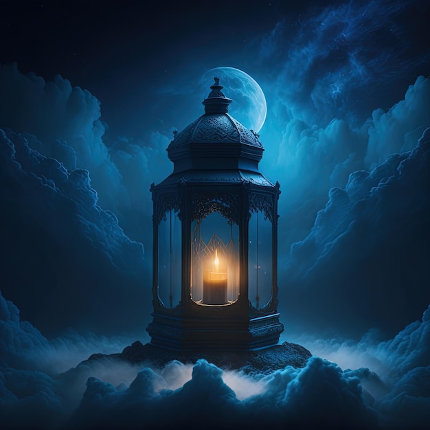 A painting of a lantern with the moon in the background