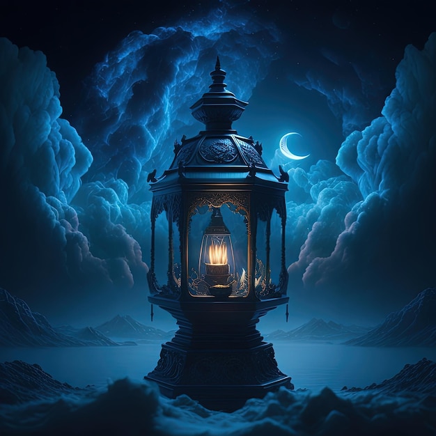 A painting of a lantern with the moon in the background