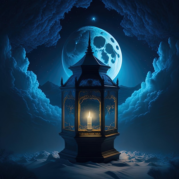 A painting of a lantern with the moon in the background