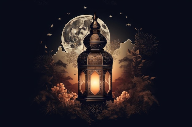 A painting of a lantern with the moon in the background.