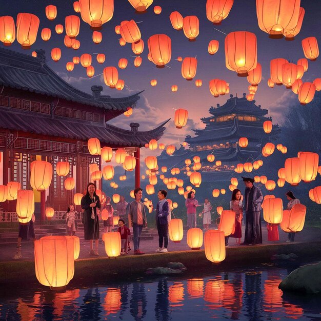 a painting of lanterns with a temple in the background