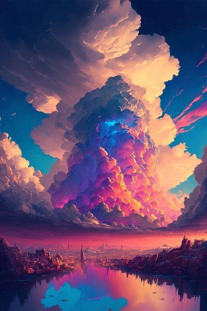 Painting of a large cloud over a body of water generative ai