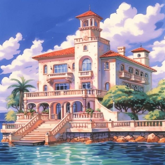 Painting of a large house on a small island with a staircase leading to it generative ai