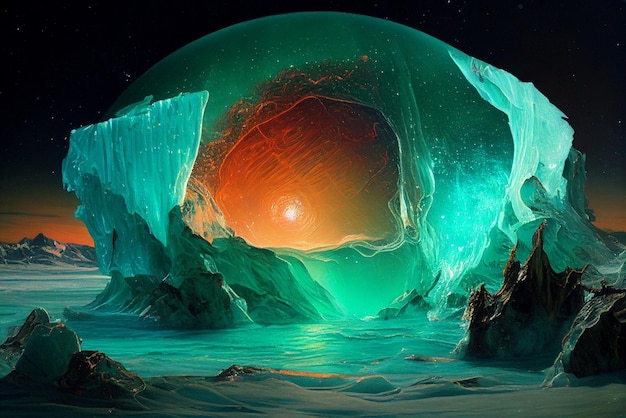 Painting of a large iceberg with bright orange and green light generative ai