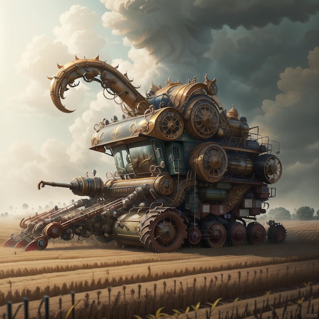 A painting of a large machine with a large head