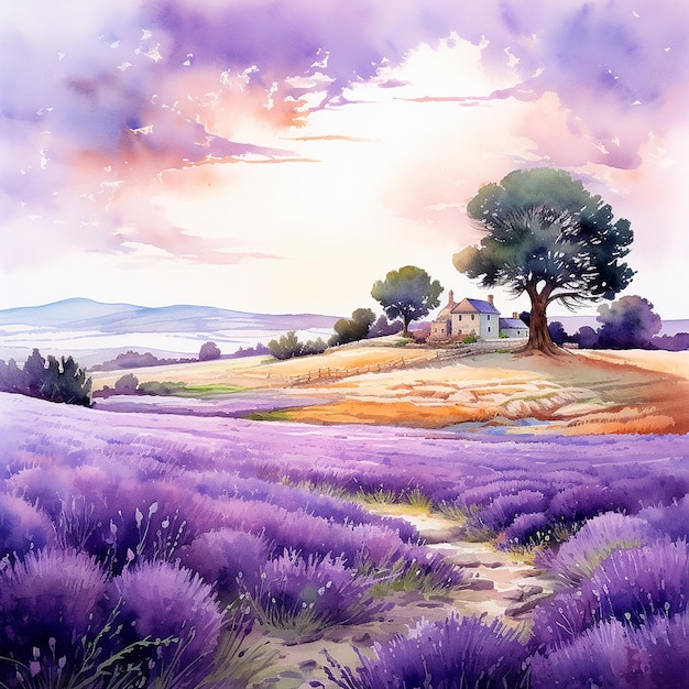 A painting of a lavender farm