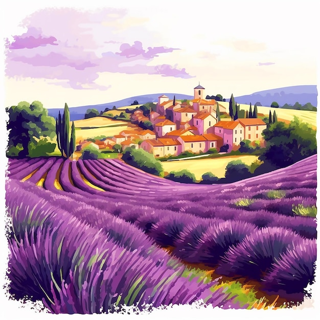 A painting of a lavender field with a village in the background.