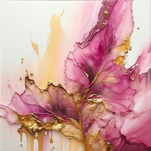 A painting of a leaf with gold and pink colors.