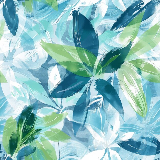 A painting of a leafy green plant with blue and white colors