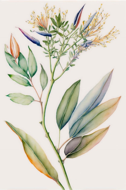 Painting of leaves and flowers on a white background generative ai