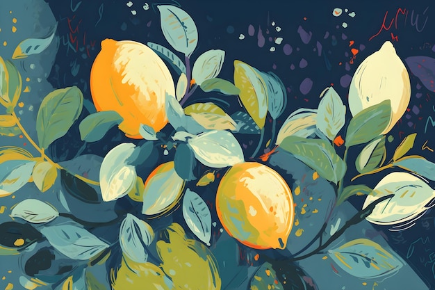 A painting of lemons on a branch with leaves