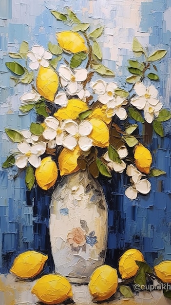 A painting of lemons and flowers on a blue table.