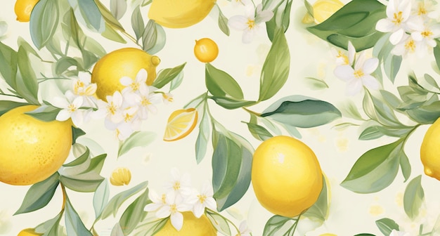 a painting of lemons and flowers with leaves