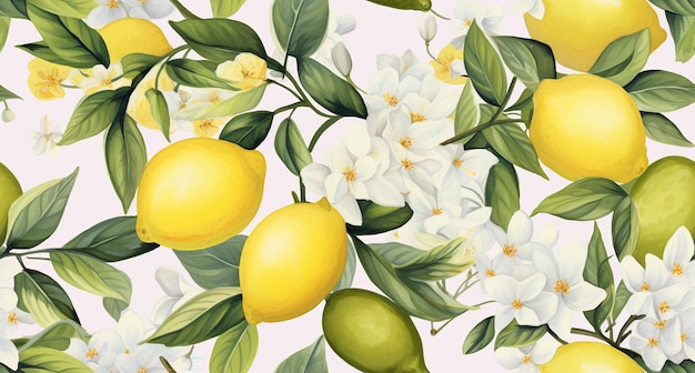 a painting of lemons and leaves with a branch of white flowers