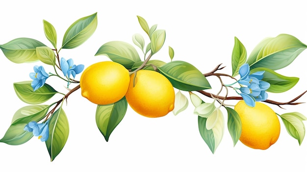 a painting of lemons and leaves with a flower