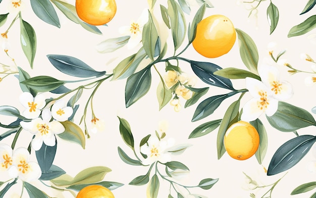 a painting of lemons and leaves with flowers