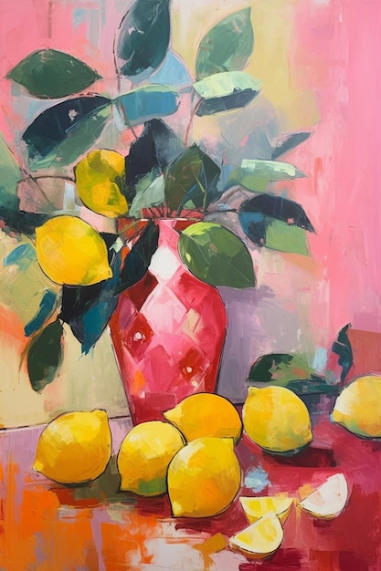 A painting of lemons and a red vase with lemons on it.