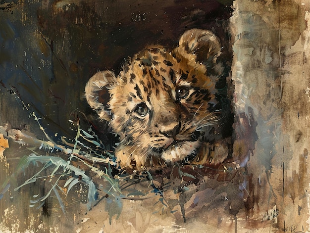 Photo a painting of a leopard cub with a cub in it