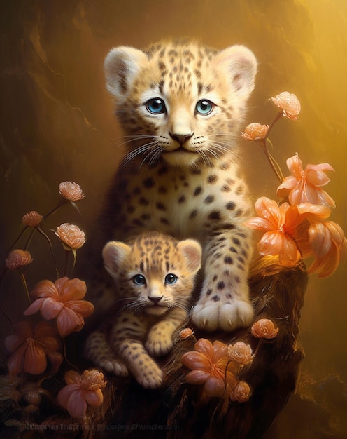 A painting of a leopard and her cub