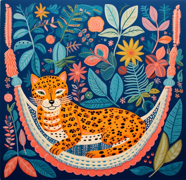 painting of a leopard laying in a hammock surrounded by flowers generative ai