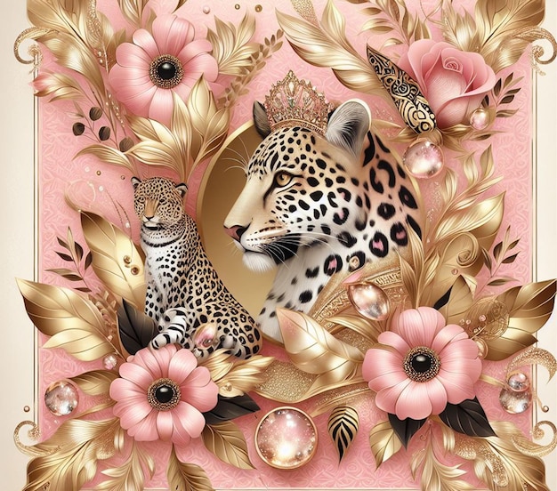 a painting of a leopard and a leopard head with flowers in the background