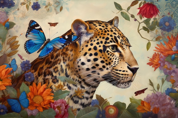 A painting of a leopard surrounded by flowers and butterflies generative AI