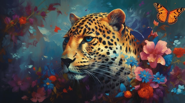 A painting of a leopard surrounded by flowers generative AI