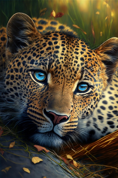 Painting of a leopard with blue eyes generative ai