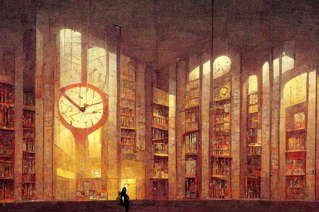 A painting of a library with a large clock in the middle of it.