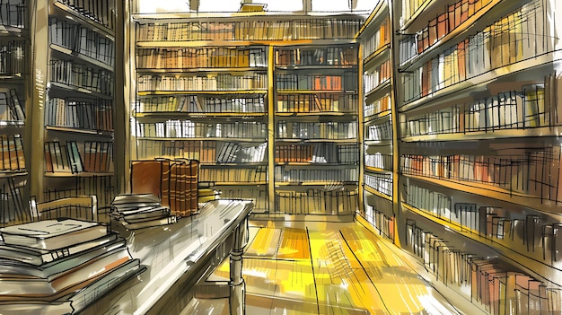 a painting of a library with a yellow table and a bookcase with books on it