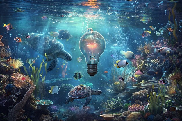 a painting of a light bulb above a fish tank