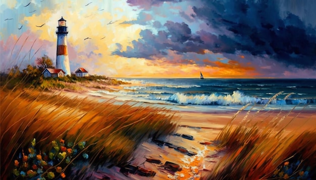 A painting of a lighthouse on a beach with a sailboat in the distance.