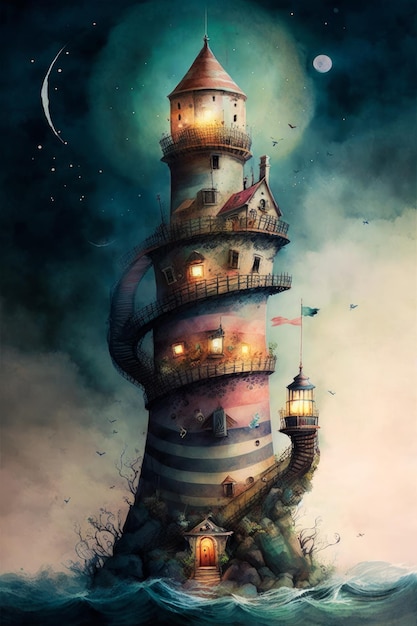 Painting of lighthouse in the middle of the ocean Generative AI