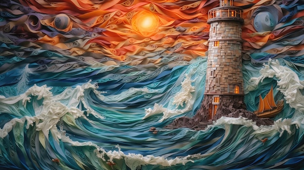 A painting of a lighthouse in the ocean