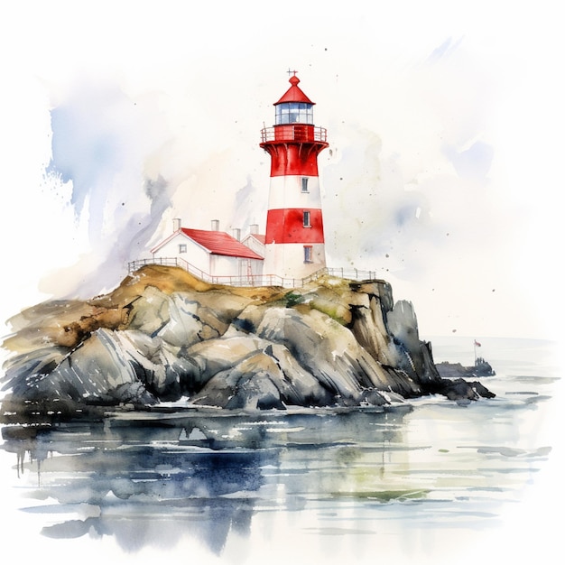 painting of a lighthouse on a rocky island with a red and white tower generative ai