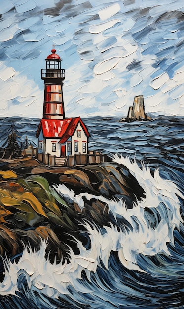 Painting of a lighthouse on a rocky shore with waves crashing generative ai