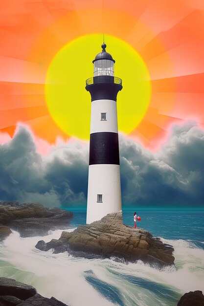 a painting of a lighthouse with a person standing on a rock in front of the sun